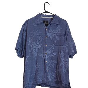Jamaica Jaxx Hawaiian‎ Shirt  Blue Silk Button Aloha Jacquard Leaf Men's Size L